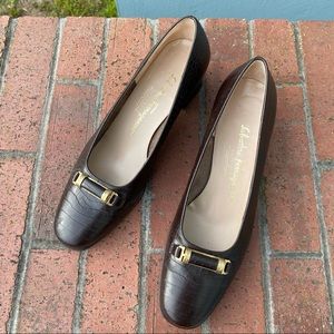 Ferragamo dark brown embossed leather pumps with hardware detail size 8.5